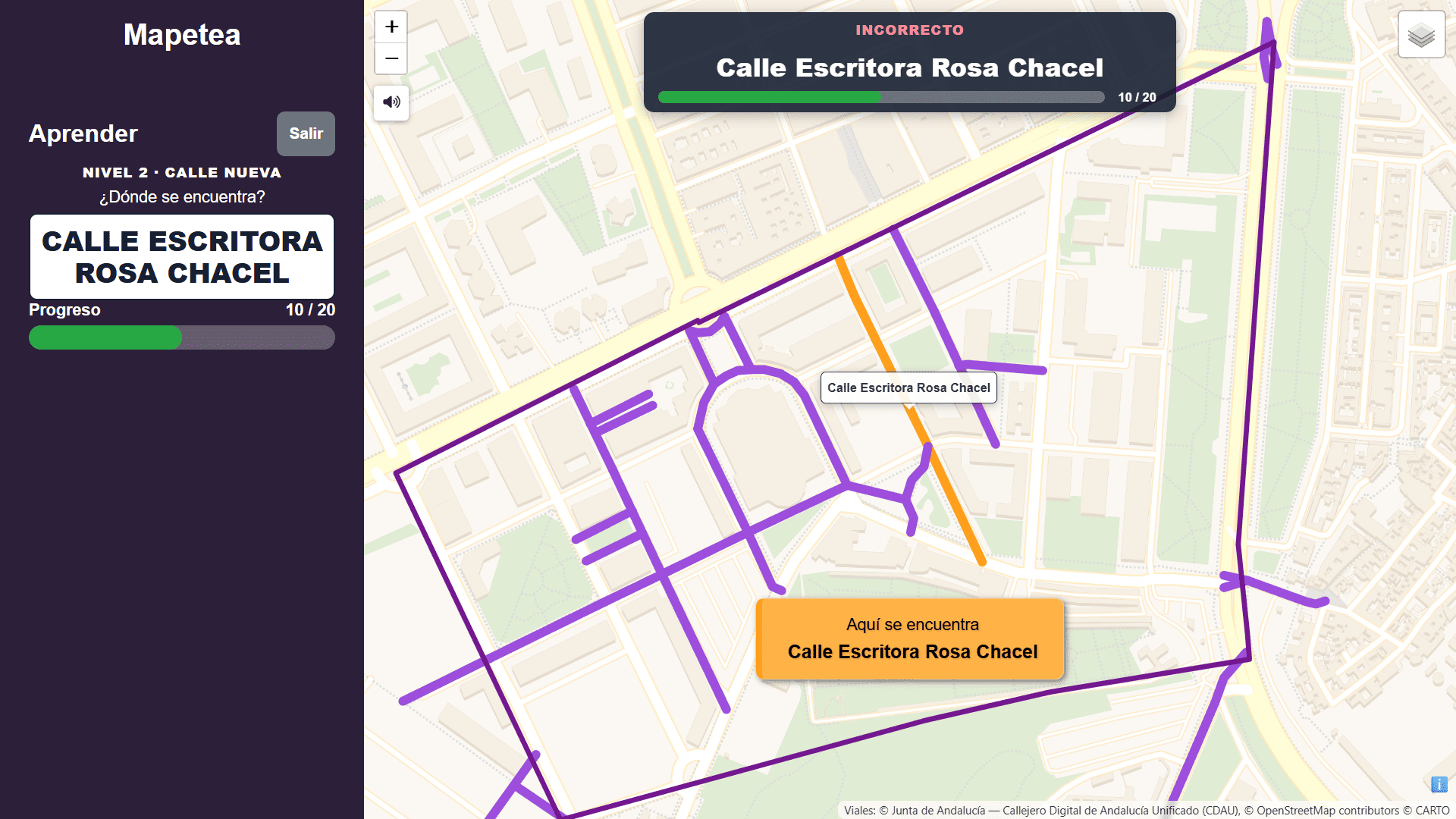 Corrección de una respuesta incorrecta en Aprender: el mapa muestra la ubicación de la calle Rosa Chacel.
