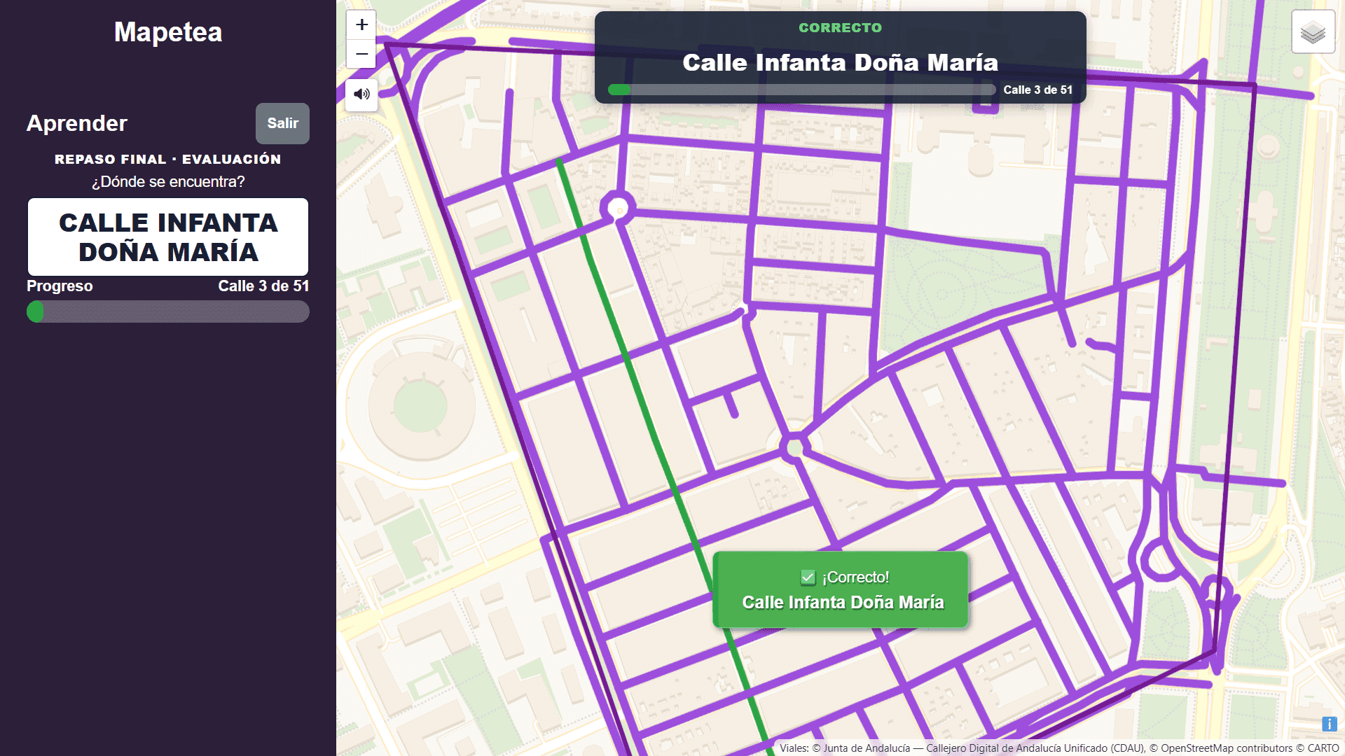 Pregunta del Repaso final de Ciudad Jardín, Córdoba, durante la evaluación de sus 51 calles.