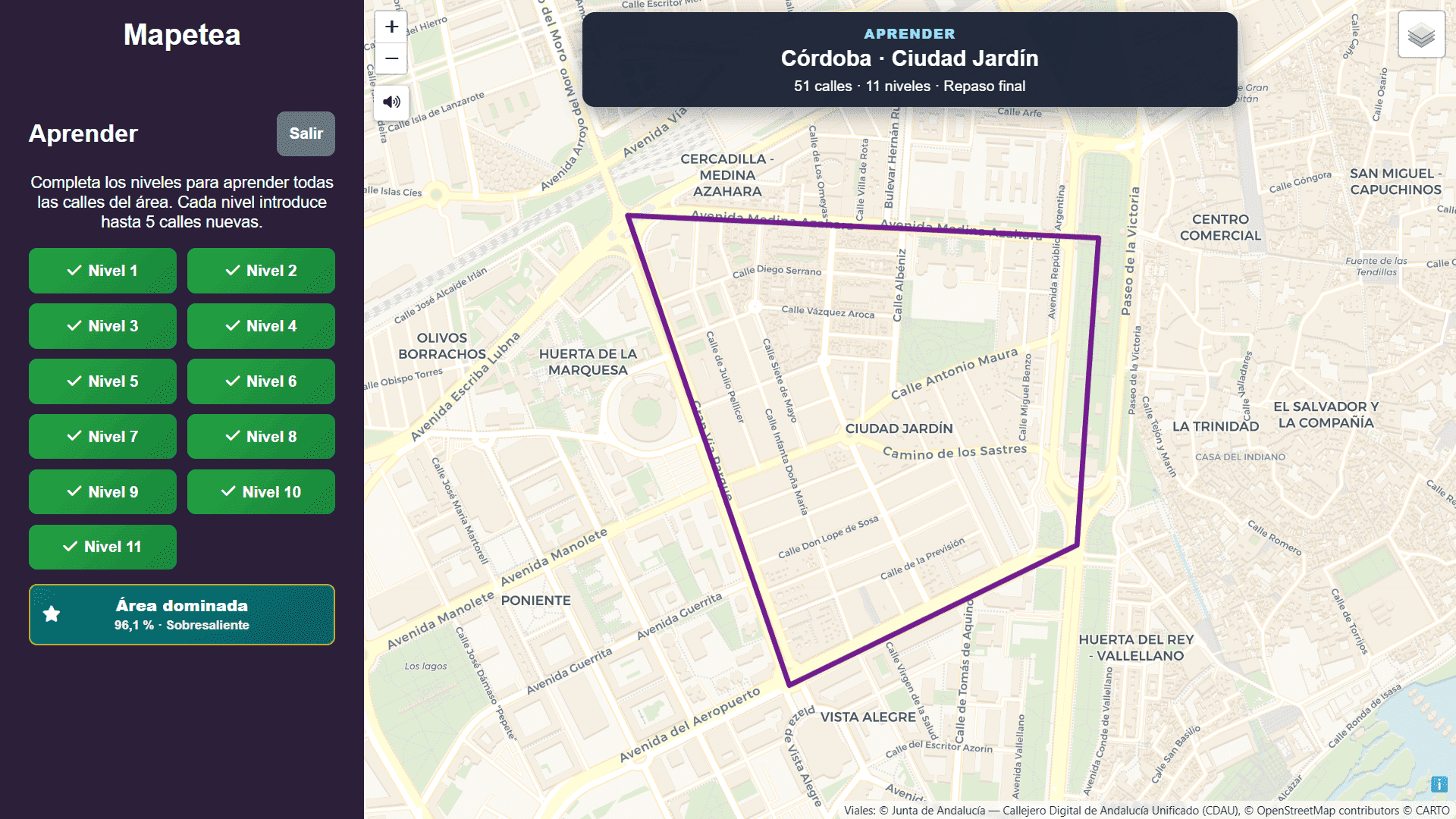 Resultado de Ciudad Jardín, Córdoba: 96,1 % de aciertos y calificación de Área dominada.